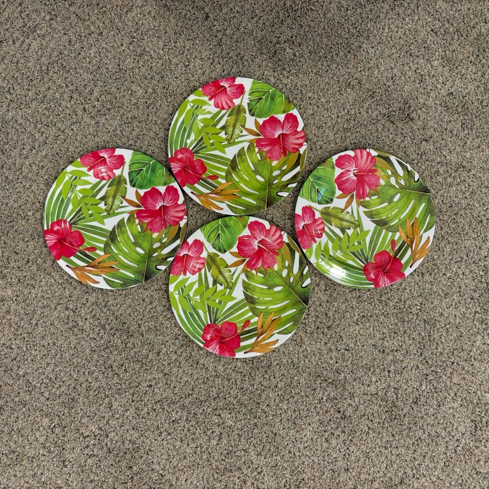12 Piece Melamine Hibiscus Tropical Dinnerware Set Bowls. Dinner & Salad Plates - Picture 7 of 11